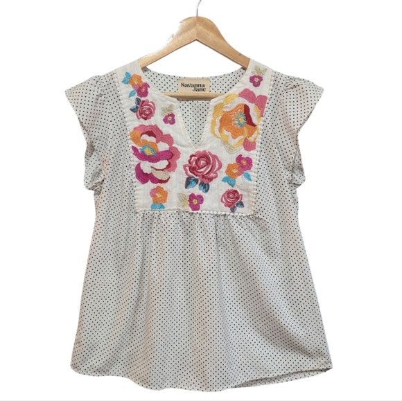 Savanna Jane Tops - Savanna Jane Floral Embroidered Polka Dot Top Size Small